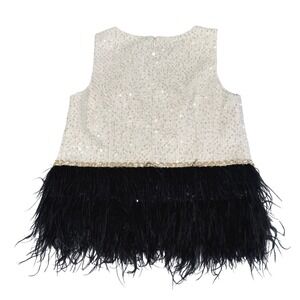 Flora Bea NYC Bello Top S Tweed Feather Hem Sequin Cream Black Cocktail Glam